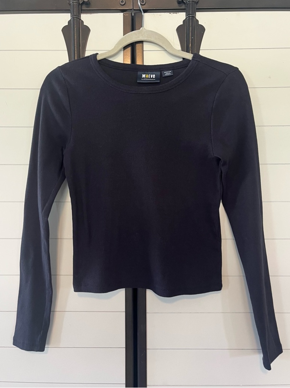 Anthropologie Maeve Black Ribbed Long-Sleeve Crewneck Top Medium Basic Layering